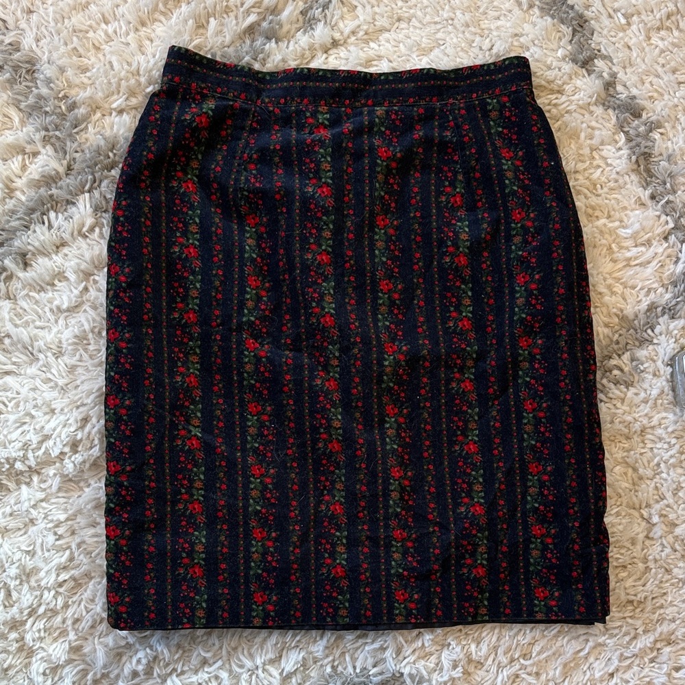Laura Ashley Vintage Floral Patterned Skirt Corduroy Pencil Skirt